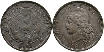Аргентина 2 сентаво 1891 голова свободы влево KM 8 бронза 4531-1016