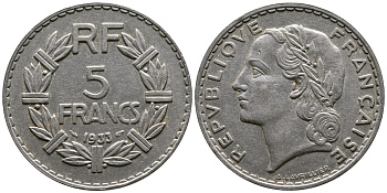 ФРАНЦИЯ 5 ФРАНКОВ 1933 KM 888 никель 87-1333