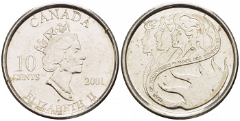 КАНАДА 10 ЦЕНТОВ 2001 Р ЕЛИЗАВЕТА II KM 412 сталь плакированная никелем UNC 4532-448
