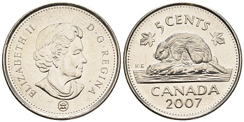 Канада 5 центов 2007 Елизавета II (1952-2022), бобер KM 491 сталь плакированная никелем 4609-448