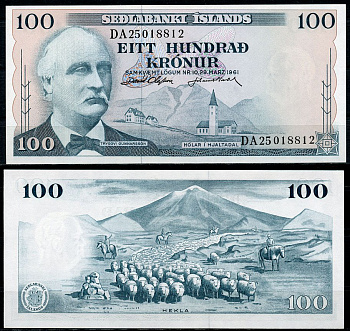 Исландия 100 крон 1961 Триггви Гуннарссон, вулкан Гекла Pick 44 a (7)  бумага  UNC (пресс) 450-30-2