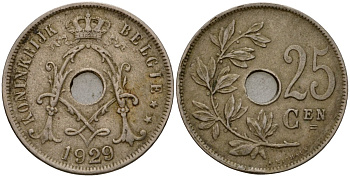 Бельгия 25 сантимов 1929 Belgie KM 69 медно-никель 33-1145