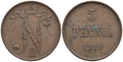 Россия для Финляндии 5 пенни 1911 Николай II (1894-1917) KM 15, Биткин 451 медь 85-311