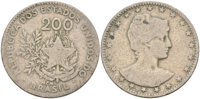 Бразилия 200 рейс 1901 голова свободы вправо KM 504 медно-никель 4589-1131