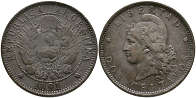 Аргентина 2 сентаво 1891 голова свободы влево KM 8 бронза 4531-1016