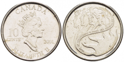 КАНАДА 10 ЦЕНТОВ 2001 Р ЕЛИЗАВЕТА II KM 412 сталь плакированная никелем UNC 4532-448