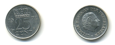НИДЕРЛАНДЫ 25 ЦЕНТОВ 1974 ЮЛИАНА KM 183 никель 4364-543