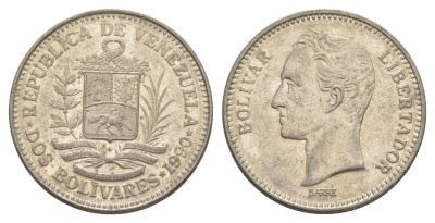 Венесуэла 2 боливара 1990 Симон Боливар Y 43a сталь плакированная никелем 4583-533