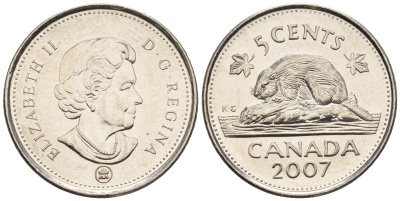 Канада 5 центов 2007 Елизавета II (1952-2022), бобер KM 491 сталь плакированная никелем 4609-448