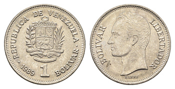 Венесуэла 1 боливар 1989 Симон Боливар, тонкий шрифт Y 52a.1 сталь плакированная никелем 4662-833