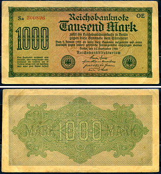 Германия 1000 марок 1922 выпуск 15 сентября 1922, водяной знак I, желтая бумага, серия OE, буква Sa Pick 76 b (1) бумага 8617-42-1-2