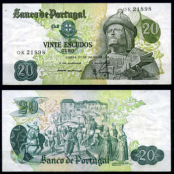 Португалия 20 эскудо 1971 27 июля 1971, Гарсия Де Орта, signatures: V?tor Manuel Ribeiro Const?ncio & Walter Waldemar Pego Marques Pick 173(6) бумага 7204-6-2-2