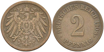 ГЕРМАНИЯ 2 ПФЕННИГА 1908 A KM 16, J. 11, Weege 4 медь 212-336