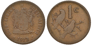 ЮАР 1 ЦЕНТ 1973 ГЕРБ, КАПСКИЕ ВОРОБЬИ KM 82 бронза 62-1154