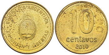 Аргентина 10 сентаво 2010  KM 107a, CJ 3, Schon 110a сталь плакированная латунью    4609-1259