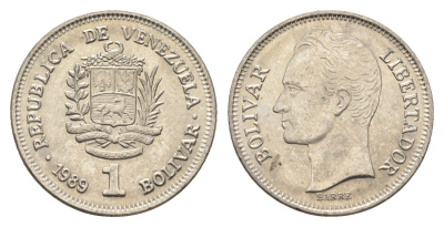Венесуэла 1 боливар 1989 Симон Боливар, тонкий шрифт Y 52a.1 сталь плакированная никелем 4662-833