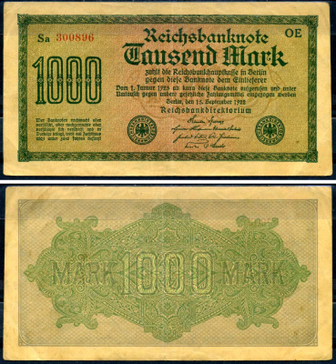 Германия 1000 марок 1922 выпуск 15 сентября 1922, водяной знак I, желтая бумага, серия OE, буква Sa Pick 76 b (1) бумага 8617-42-1-2