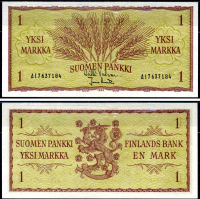 Финляндия 1 марка 1963 Pick 98a (41) бумага aUNC 450-39-2