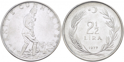 ТУРЦИЯ 2 1/2 ЛИРЫ 1977 KM 893.2 сталь 215-223