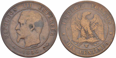Франция 10 сантимов 1856 W, Наполеон III (1852-1870) KM 771.7, Le Franc 133.38 бронза 4680-613