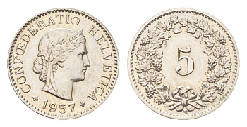 Швейцария 5 раппенов 1957 B KM 26 медно-никель 4705-1249