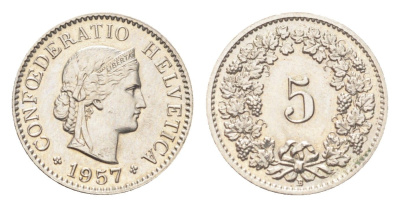 Швейцария 5 раппенов 1957 B KM 26 медно-никель 4705-1249