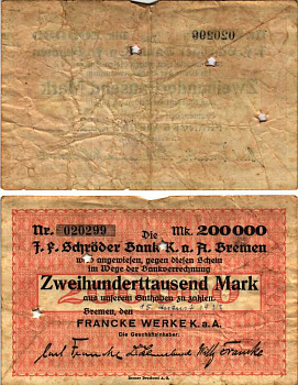 БРЕМЕН 200000 МАРОК 1923 НОТГЕЛЬД, 15 АВГУСТА 1923, FRANKE WERKE K. a. A., ПЕРФОРАЦИЯ ЗВЕЗДА, СВОБОДНЫЙ ГОРОД Keller 585c бумага 6318-34-2-2