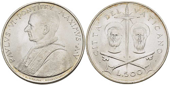 Ватикан 500 лир 1967 V год, Павел VI (1963-1978), Святые Петр и Павел KM 99 серебро    4512-833
