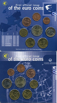 Греция евронабор из 8 монет 2002 в пластиковой запайке биметалл UNC 7-3-1-09