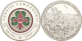 Турция 35 новых лир 2007 100 лет скаутскому движению, эмаль KM NEW серебро PROOF 01-171-24