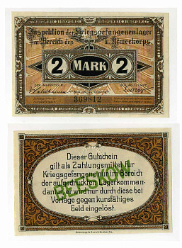 Германия 2 марки 1917 инспекция лагерей военнопленных в Бескове, III-ий Армейский корпус C-2711 бумага UNC (пресс) 000-00-00