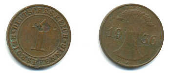 ГЕРМАНИЯ 1 РЕЙХСПФЕННИГ 1936 J KM 37, J. 313 бронза 35-161