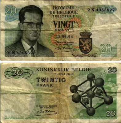 Бельгия 20 франков 1964 Бодуэн I, атомиум, d Haeze Pick 138 (1) бумага 6312-63-3-2