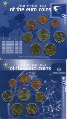 Греция евронабор из 8 монет 2002 в пластиковой запайке биметалл UNC 7-3-1-09