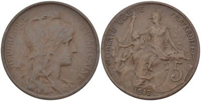 ФРАНЦИЯ 5 САНТИМОВ 1916 ТИП ДАНИЭЛЬ ДЮПЮИ KM 842, LE FRANC 119.28 бронза 28-614