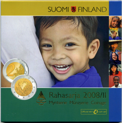 Финляндия евронабор из 8 монет + 2 евро юбилейная 2008 60 лет Декларации прав человека, официальный набор в оригинальном буклете UNC 5-6-2-27