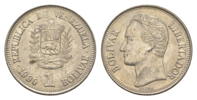 Венесуэла 1 боливар 1990 Симон Боливар, толстый шрифт Y 52a.2 сталь плакированная никелем 4591-525