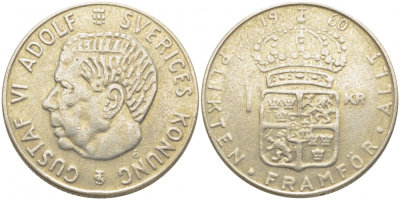 Швеция 1 крона 1960 TS, Густав VI Адольф (1950-1973) KM 826 серебро 3856-1214