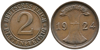 ГЕРМАНИЯ 2 РЕНТЕНПФЕННИГА 1924 F KM 31, J. 307 бронза 24-711