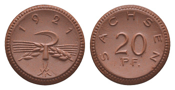 Саксония 20 пфеннигов 1921 Men05 22281.4, Men18 27868.4, Scheuch 31a фарфор 08-556