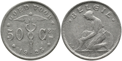 БЕЛЬГИЯ 50 САНТИМОВ 1923 BELGIE KM 88 никель 4385-611