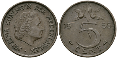 НИДЕРЛАНДЫ 5 ЦЕНТОВ 1955 ЮЛИАНА KM 181 бронза 95-316