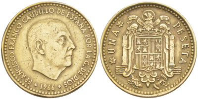 ИСПАНИЯ 1 ПЕСЕТА 1966 (68) ФРАНСИСКО ФРАНКО ДИКТАТОР ИСПАНИИ (1939-1975) KM 796 алюминиевая бронза 176-214