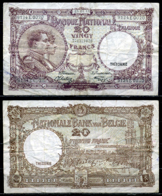 Бельгия 20 франков 1941 25.09.1941, Король Альберт I и его жена Королева Елизавета, Гран-Плас / Гроте Маркт, Брюссель Pick 111 (2) бумага 6301-32-2-1
