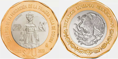 Мексика 20 песо 2023 500 лет со дня основания города Колимы KM NEW биметалл  UNC  M66-06