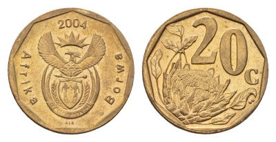 ЮАР 20 центов 2004 герб, цветок протея KM 328 сталь плакированная бронзой UNC 4687-556