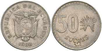 Эквадор 50 сукре 1988 KM 93 сталь плакированная никелем 4391-522