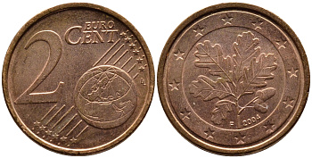 ГЕРМАНИЯ 2 ЕВРОЦЕНТА 2004 F KM 208 сталь плакированная медью 4387-1237