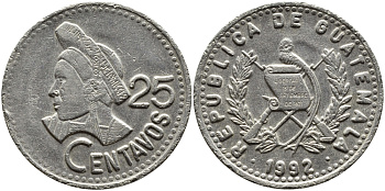 Гватемала 25 сентаво 1992 большая голова, Республика Гватемала KM 278.5 медно-никель 4389-425