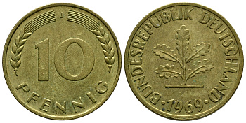 ФРГ 10 ПФЕННИГОВ 1969 J KM 108, J. 383 сталь плакированная латунью 84-857